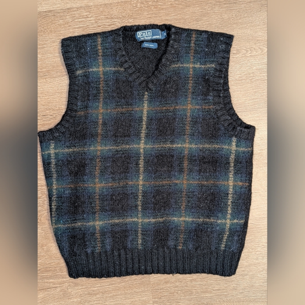 Ralph Lauren Men's V-Neck Black Plaid Sweater Vest 100% Wool